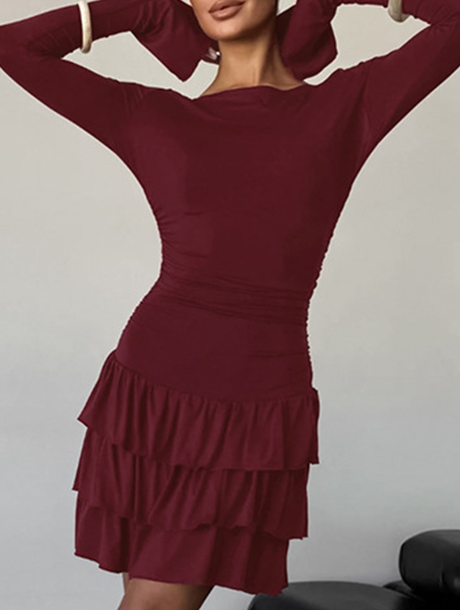 Waist Cinched Ruffle Long Sleeve Work Dress_CWDSD11447