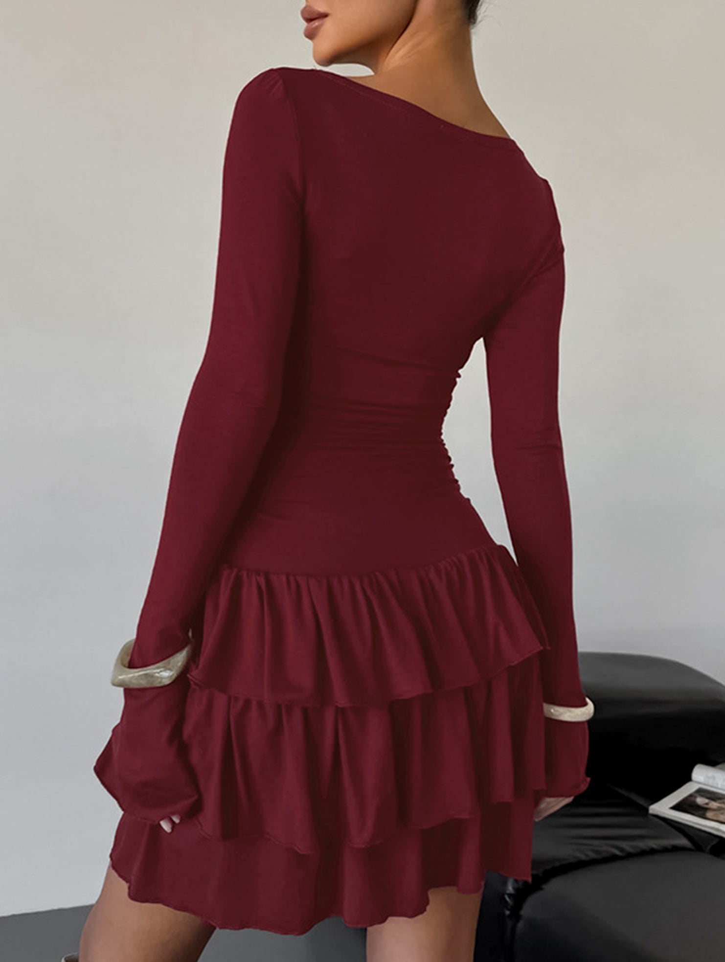 Waist Cinched Ruffle Long Sleeve Work Dress_CWDSD11447