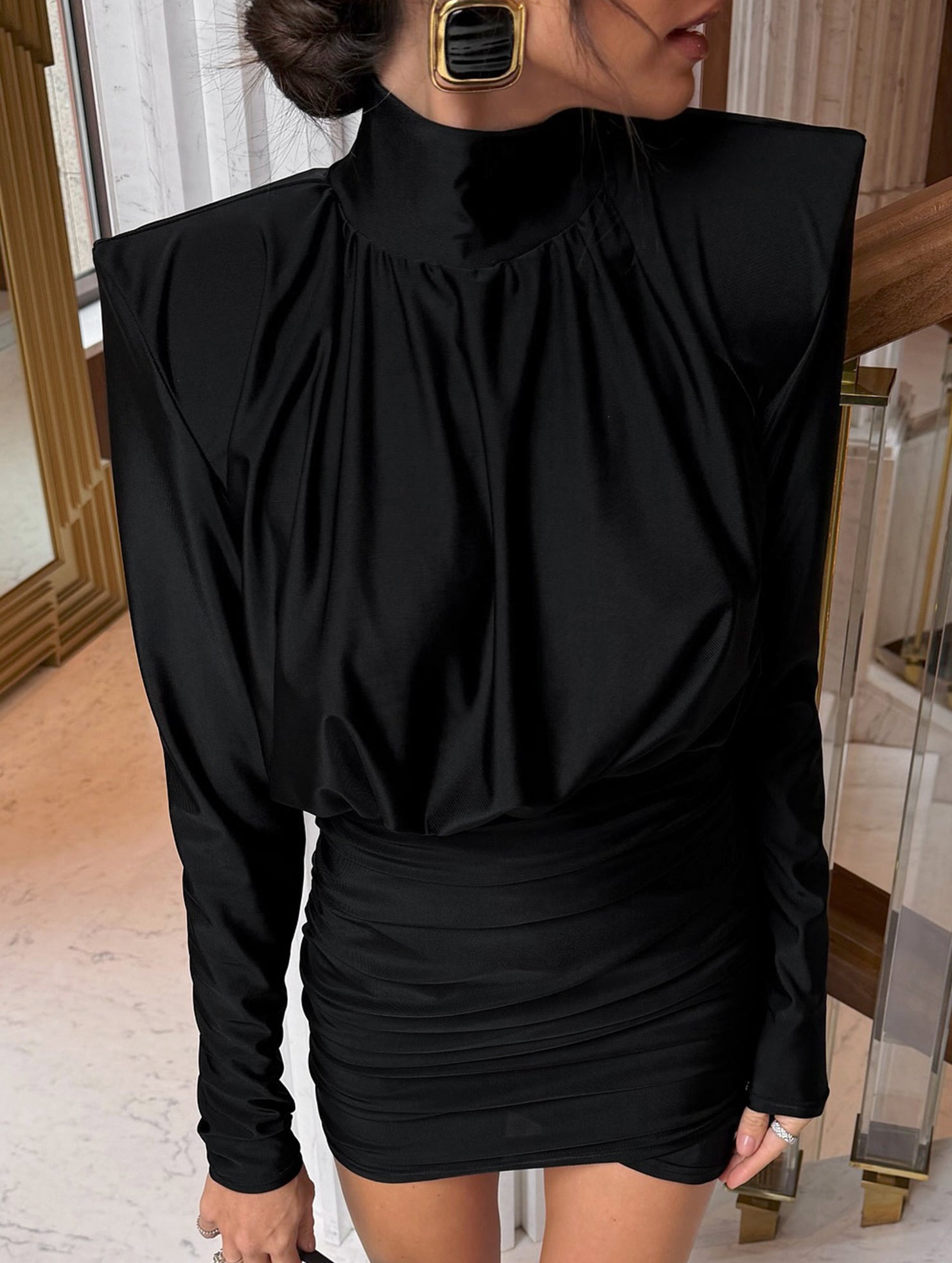 High Neck Ruched Satin Bodycon Midi Dress_CWDSD11448