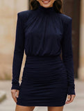 High Neck Ruched Satin Bodycon Midi Dress_CWDSD11448