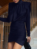 High Neck Ruched Satin Bodycon Midi Dress_CWDSD11448