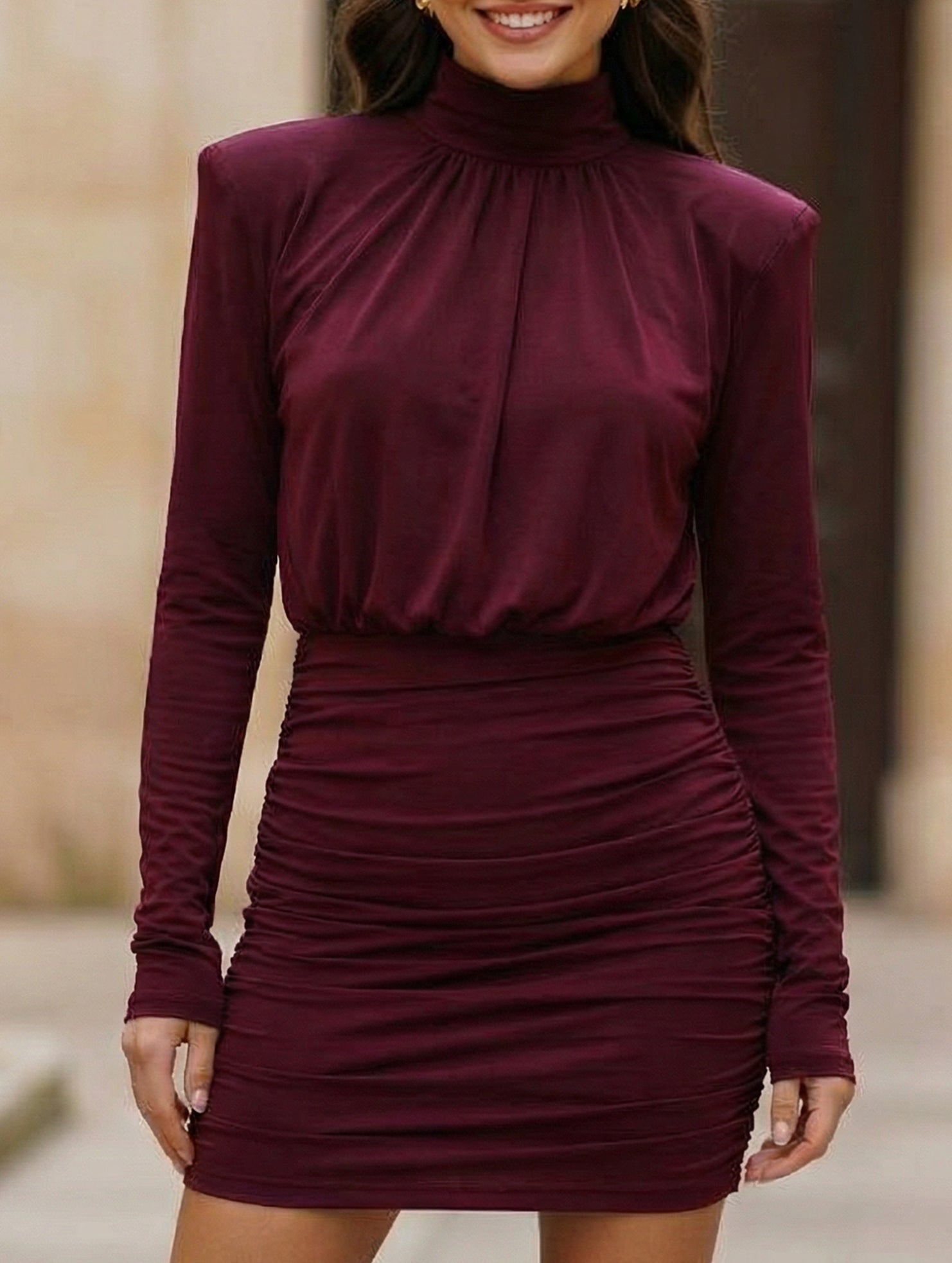 High Neck Ruched Satin Bodycon Midi Dress_CWDSD11448