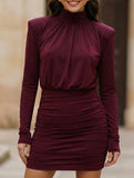 High Neck Ruched Satin Bodycon Midi Dress_CWDSD11448