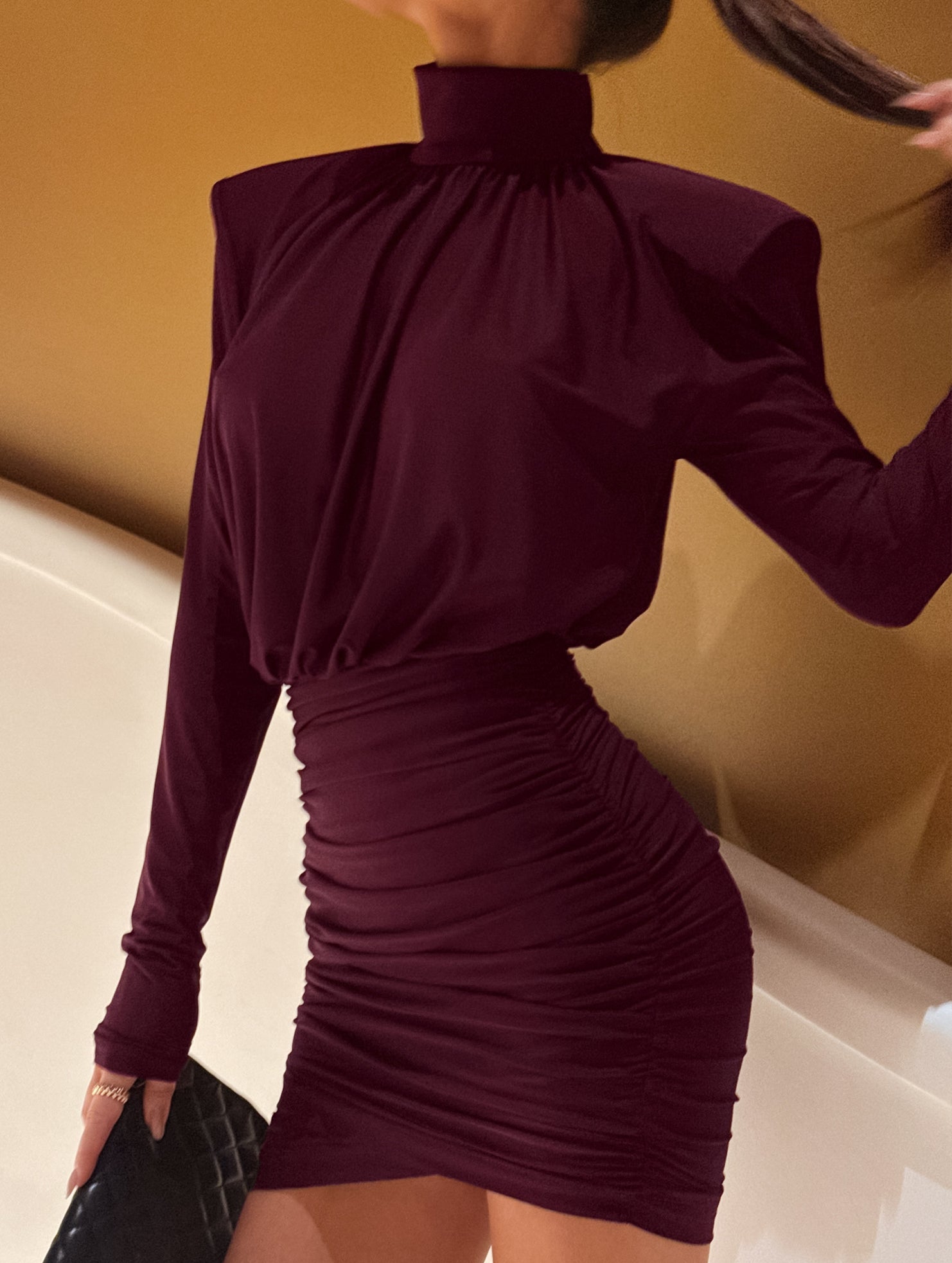 High Neck Ruched Satin Bodycon Midi Dress_CWDSD11448