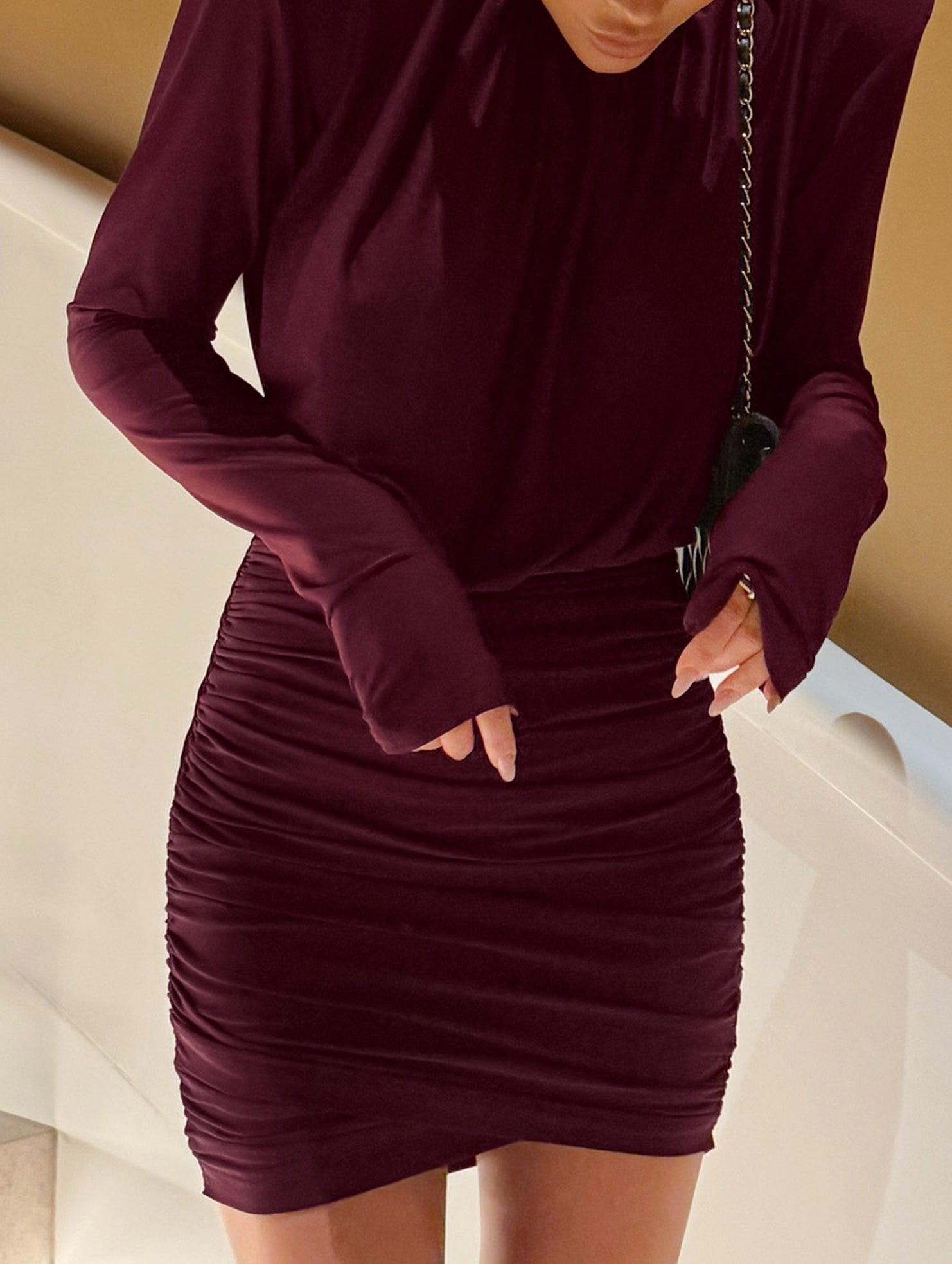 High Neck Ruched Satin Bodycon Midi Dress_CWDSD11448
