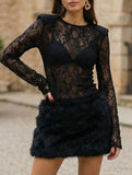 Lace Patchwork Fuzzy Bodycon Mini Dress_CWDSD11449