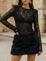 Lace Patchwork Fuzzy Bodycon Mini Dress_CWDSD11449