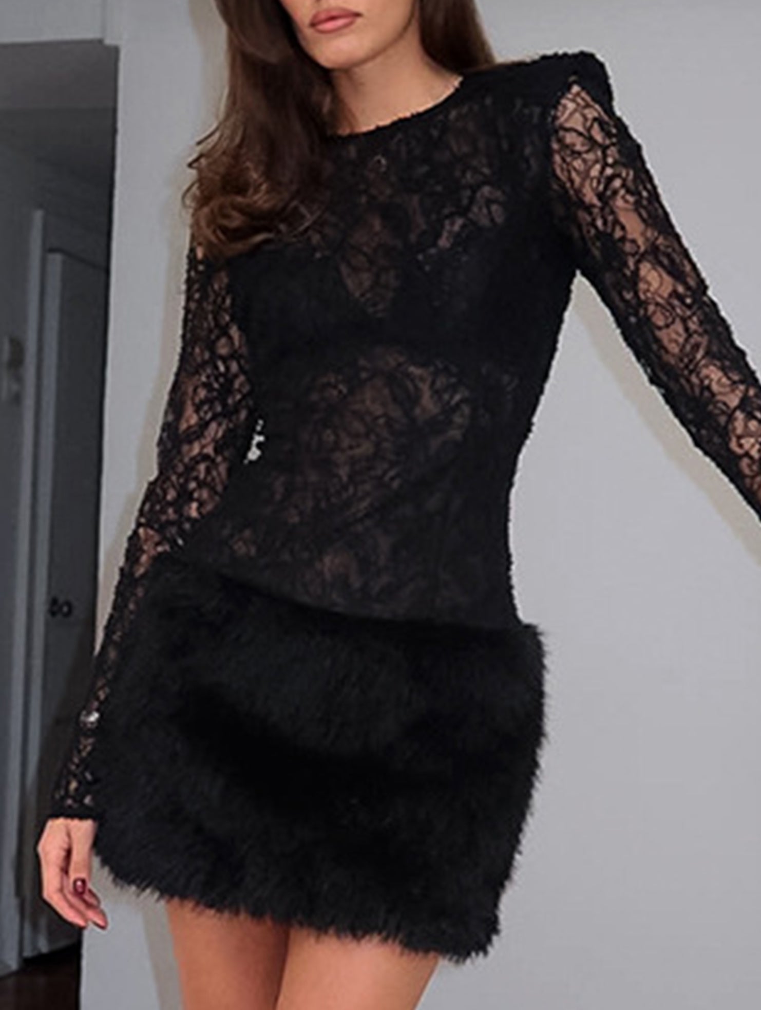 Lace Patchwork Fuzzy Bodycon Mini Dress_CWDSD11449
