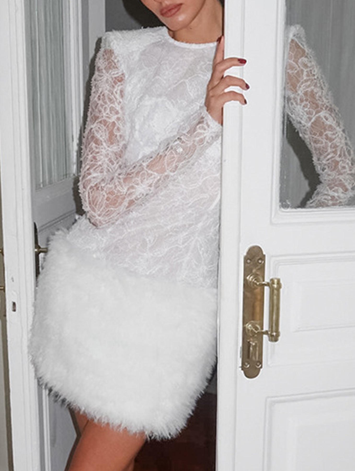 Lace Patchwork Fuzzy Bodycon Mini Dress_CWDSD11449