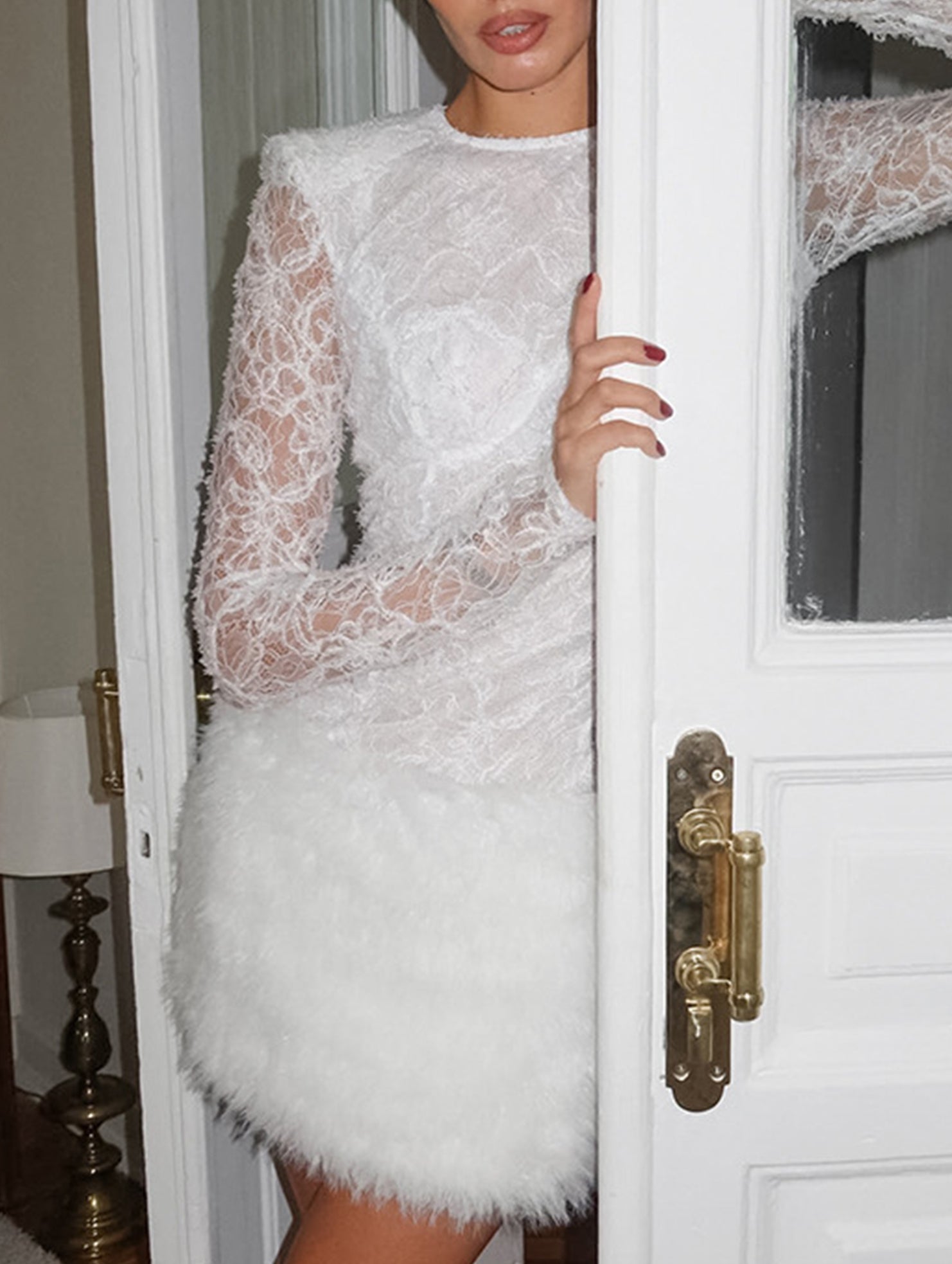 Lace Patchwork Fuzzy Bodycon Mini Dress_CWDSD11449