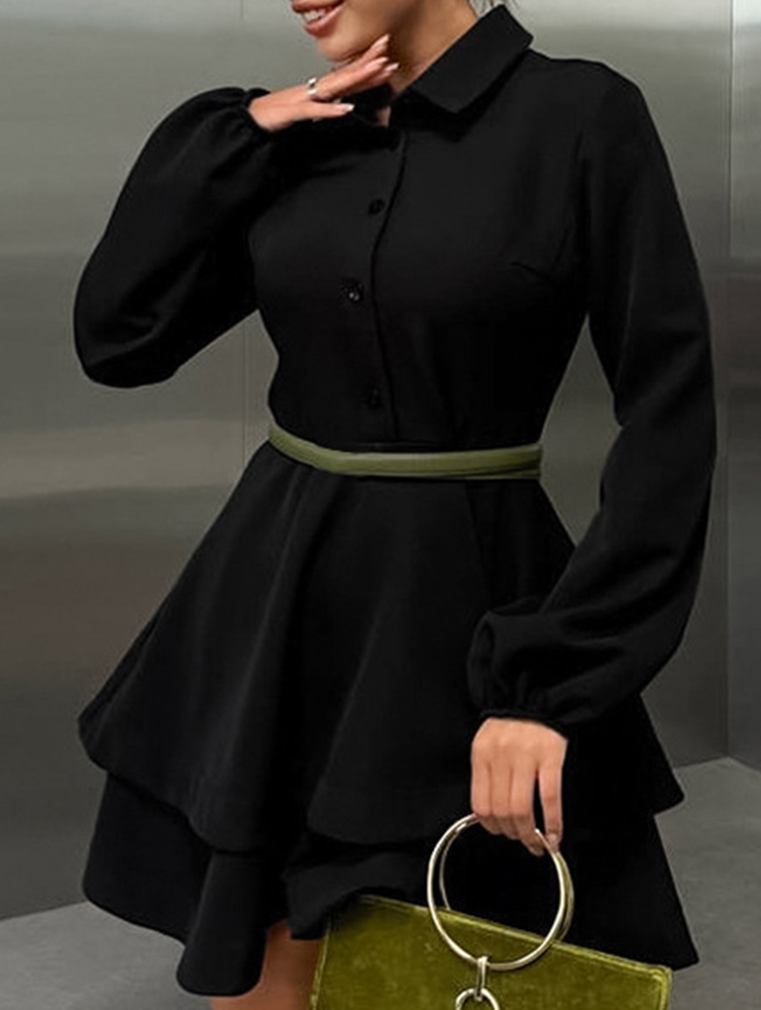 Collared Shirt Dress A-Line Waist Fitted_CWDSD11456