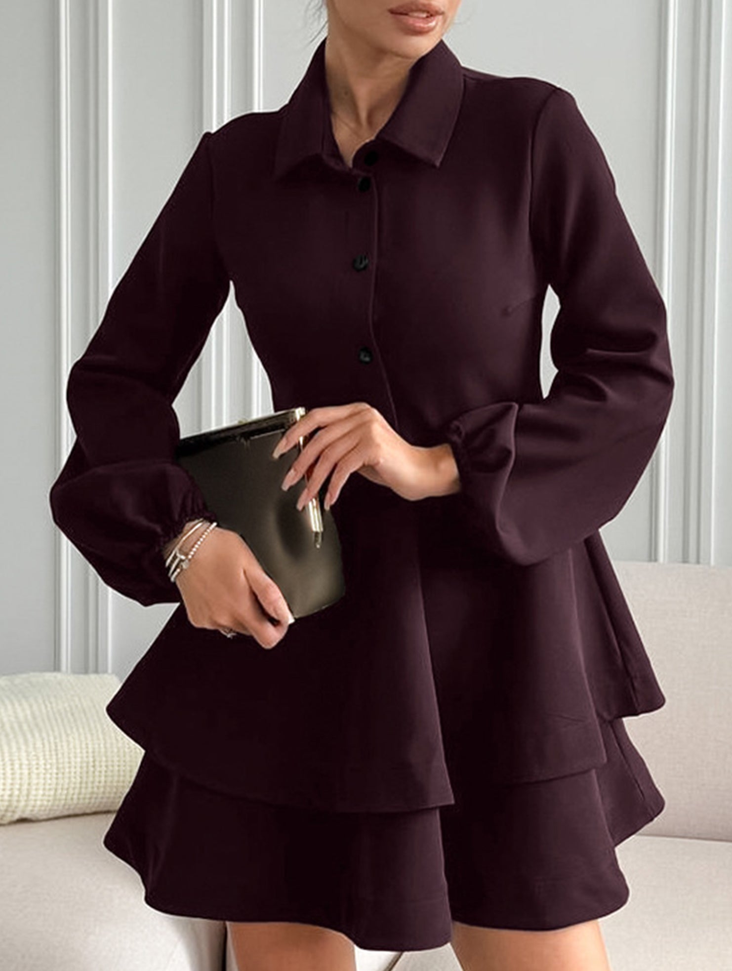 Collared Shirt Dress A-Line Waist Fitted_CWDSD11456