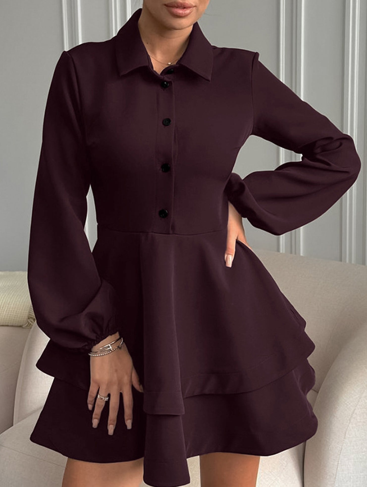 Collared Shirt Dress A-Line Waist Fitted_CWDSD11456