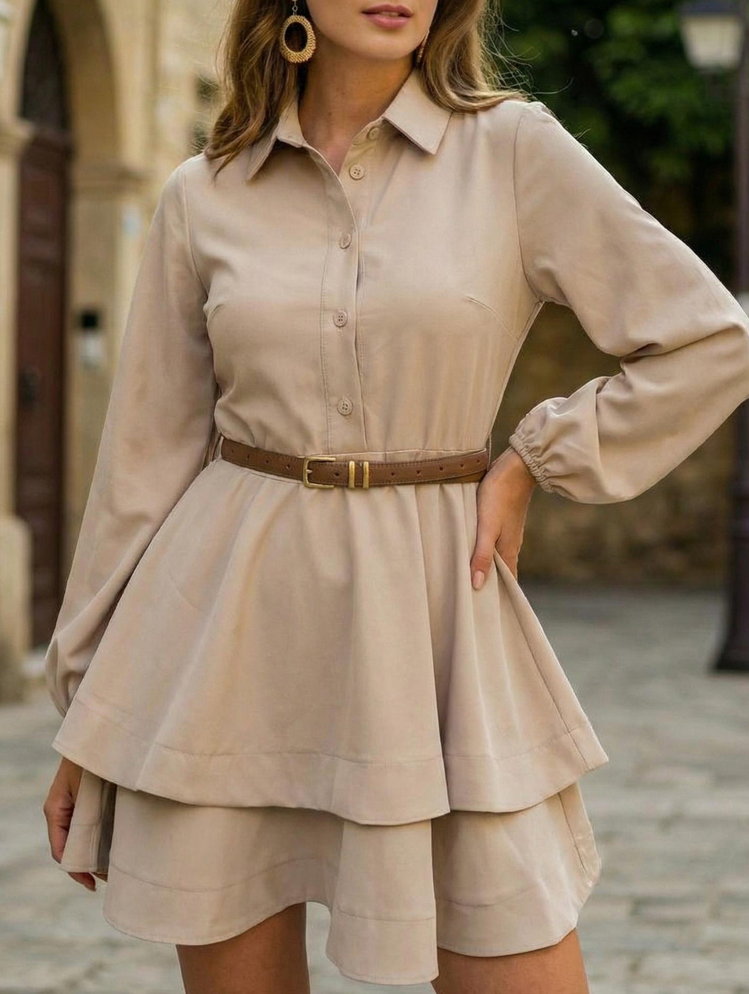 Collared Shirt Dress A-Line Waist Fitted_CWDSD11456