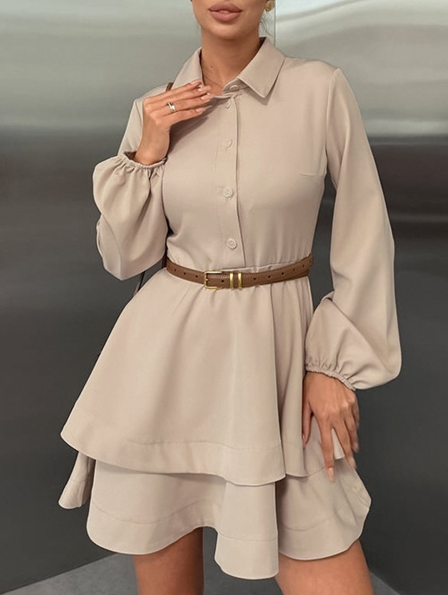 Collared Shirt Dress A-Line Waist Fitted_CWDSD11456