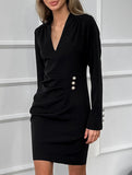 Pearl button V-neck shirt dress for women_CWDSD11468