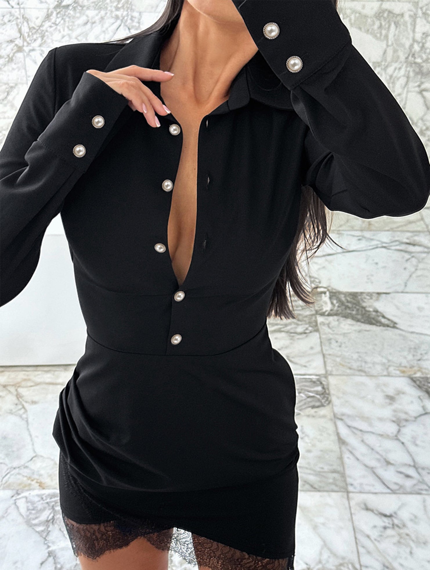 Slim-fit lace collared dress for women_CWDSD11469