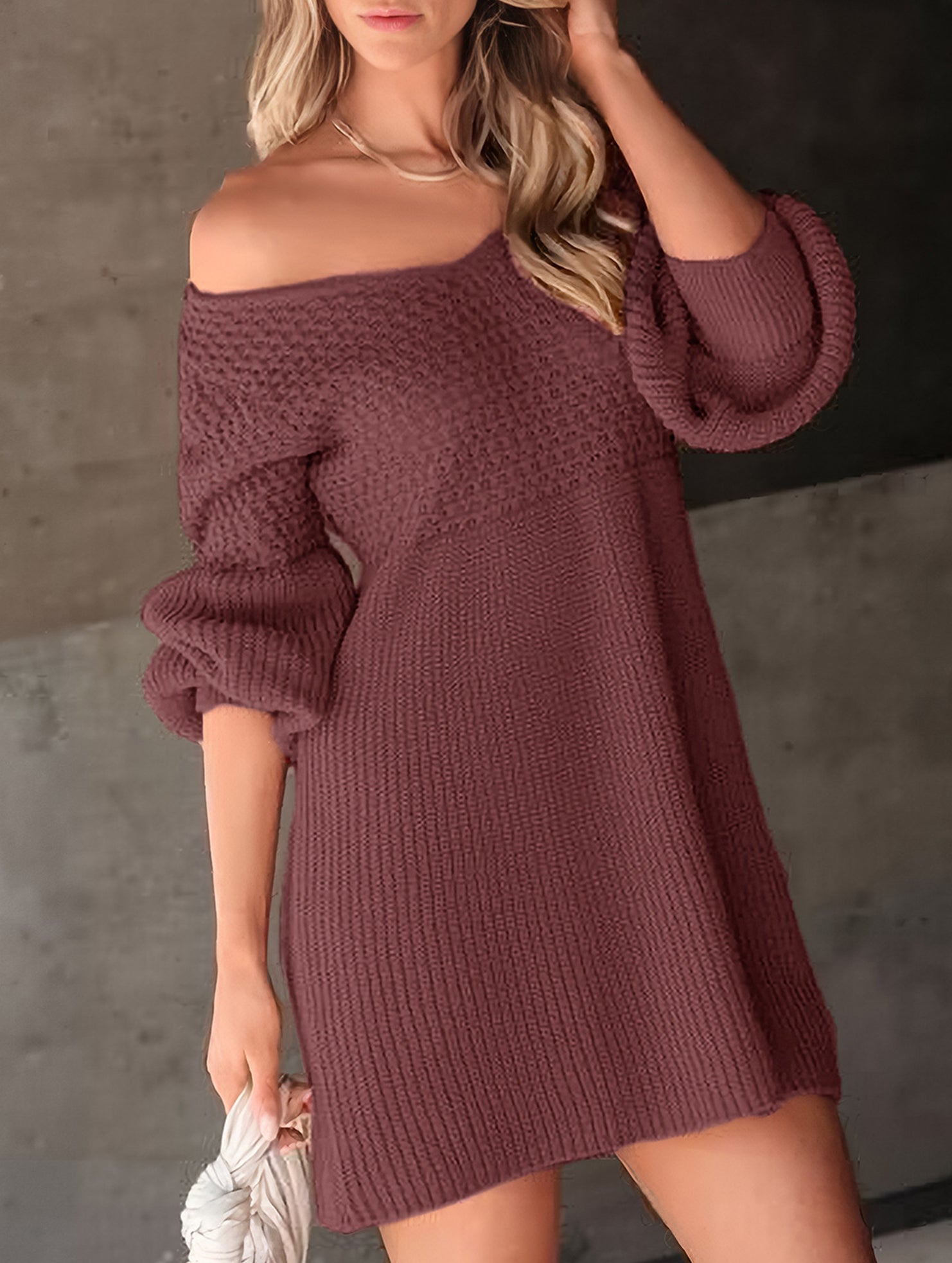 Lantern Sleeve Knit Sweater Dress_CWDSD11475