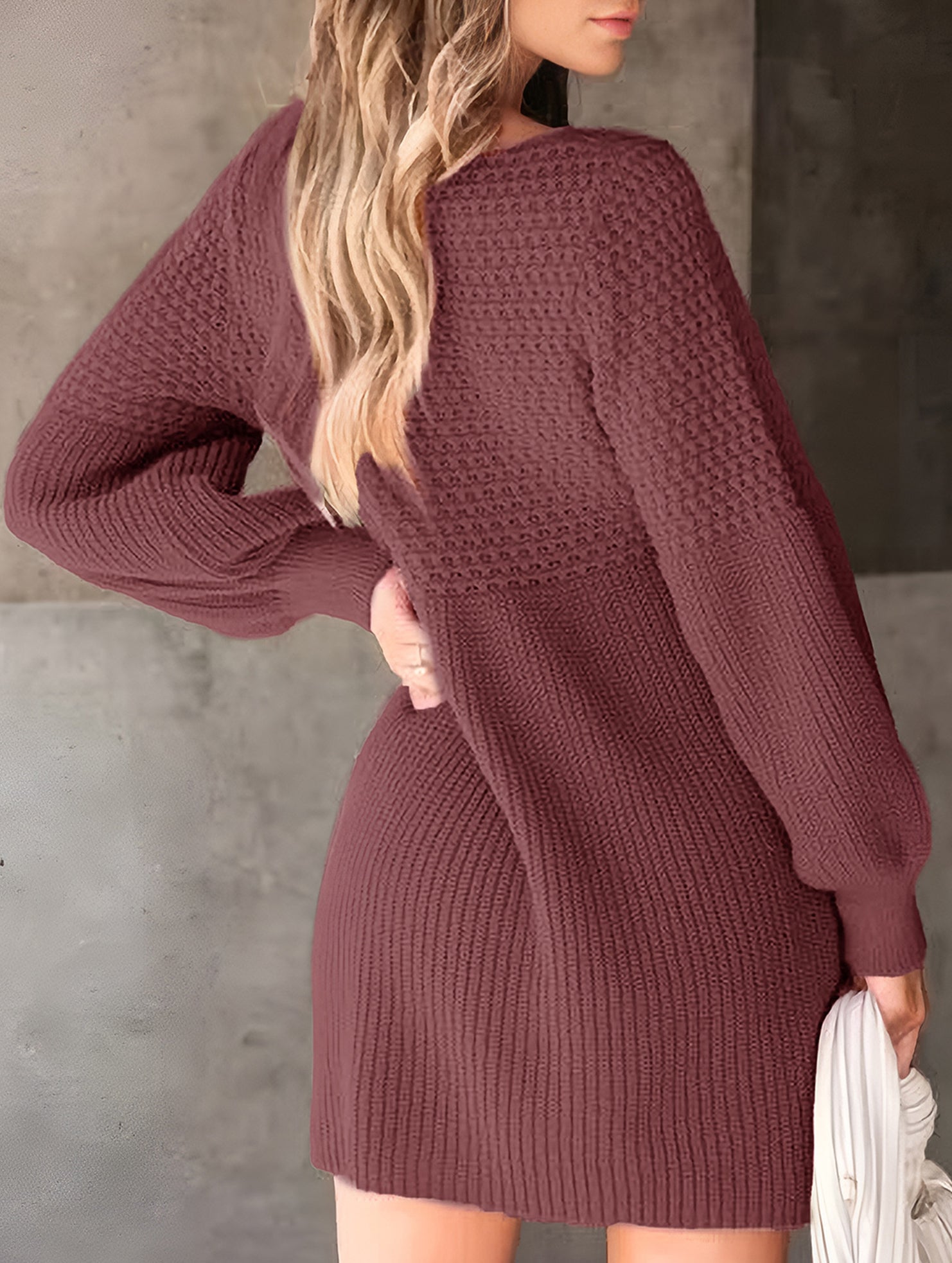 Lantern Sleeve Knit Sweater Dress_CWDSD11475