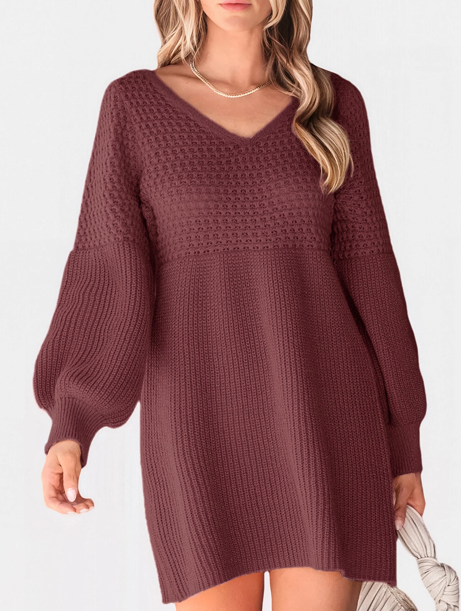 Lantern Sleeve Knit Sweater Dress_CWDSD11475