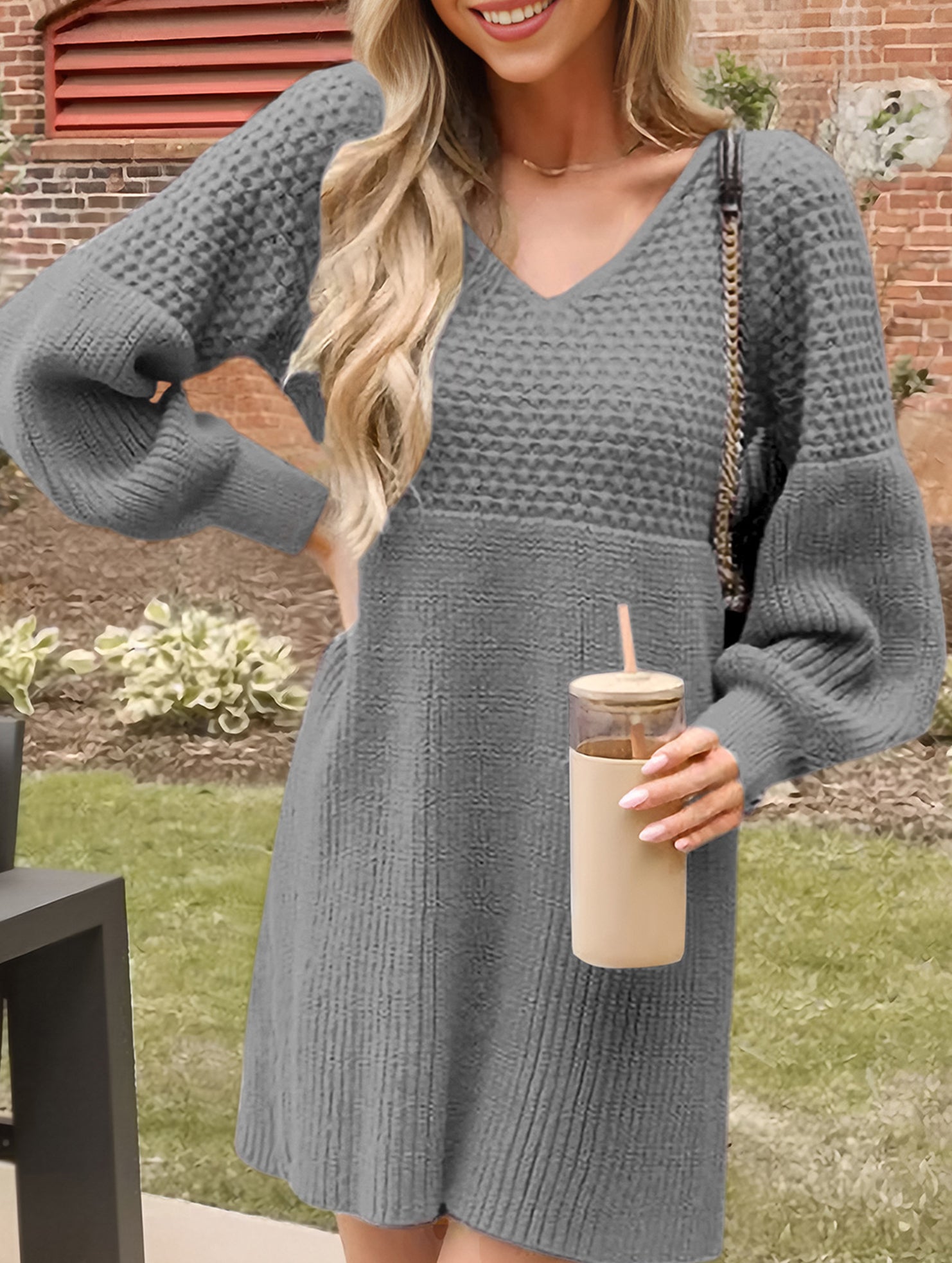 Lantern Sleeve Knit Sweater Dress_CWDSD11475