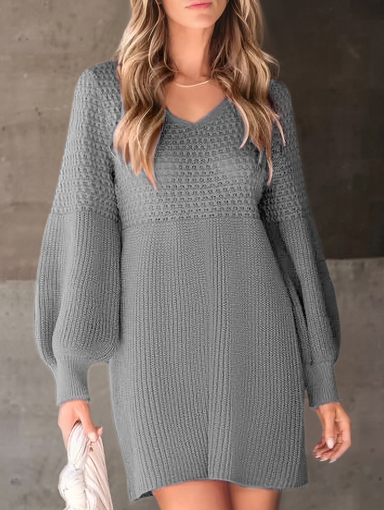 Lantern Sleeve Knit Sweater Dress_CWDSD11475