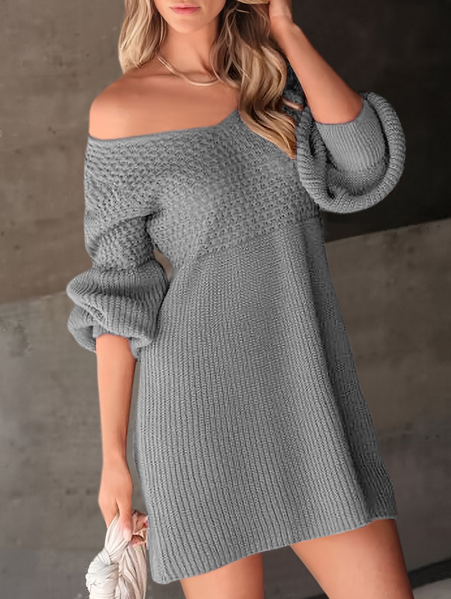 Lantern Sleeve Knit Sweater Dress_CWDSD11475