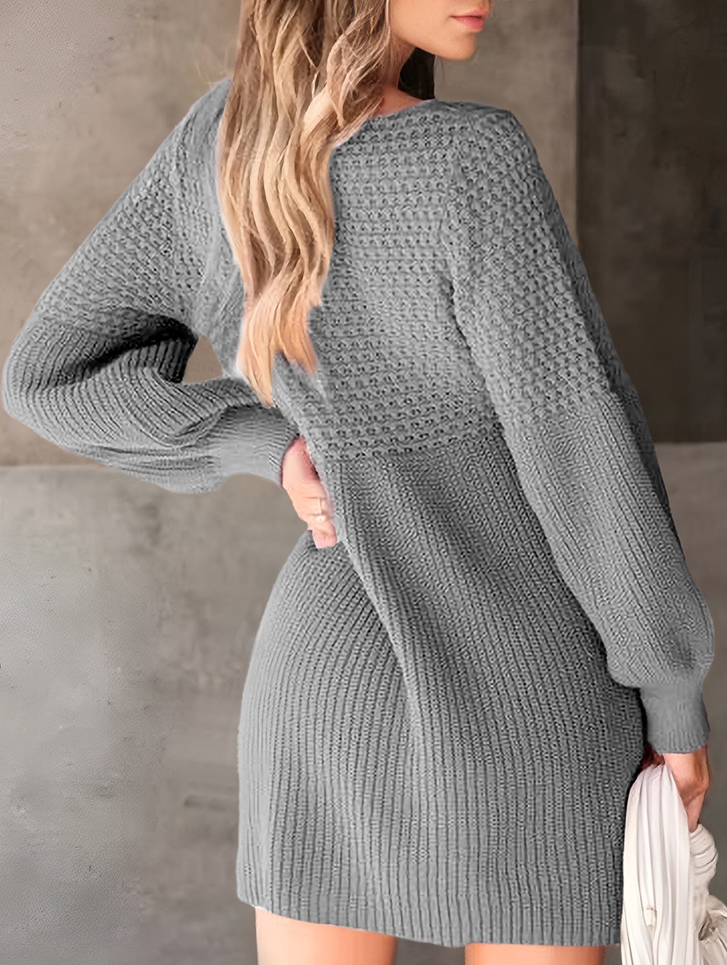 Lantern Sleeve Knit Sweater Dress_CWDSD11475