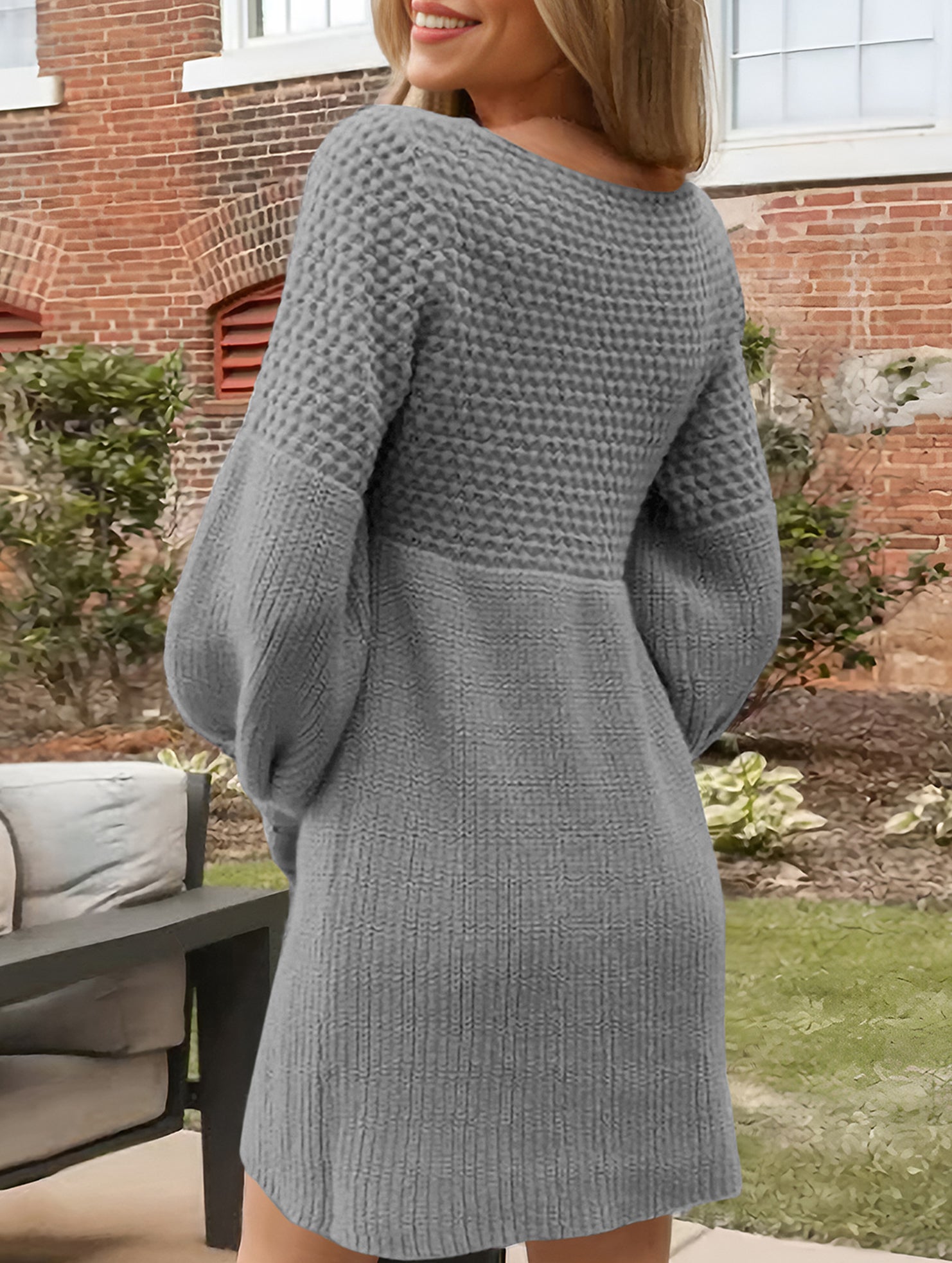Lantern Sleeve Knit Sweater Dress_CWDSD11475