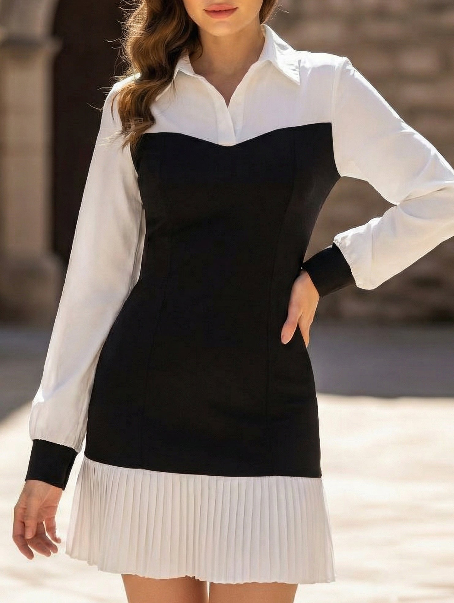 Color Block Office Bodycon Fake Two Dress_CWDSD11476