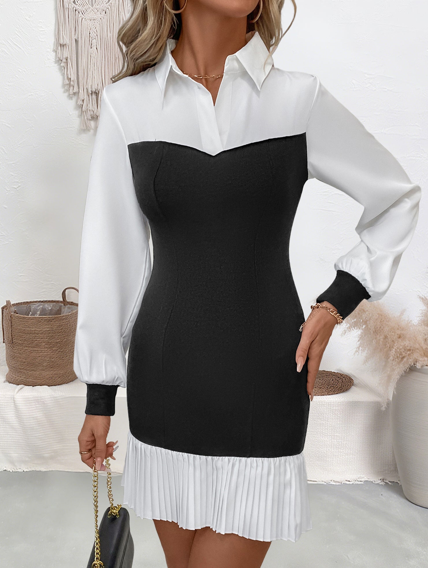 Color Block Office Bodycon Fake Two Dress_CWDSD11476