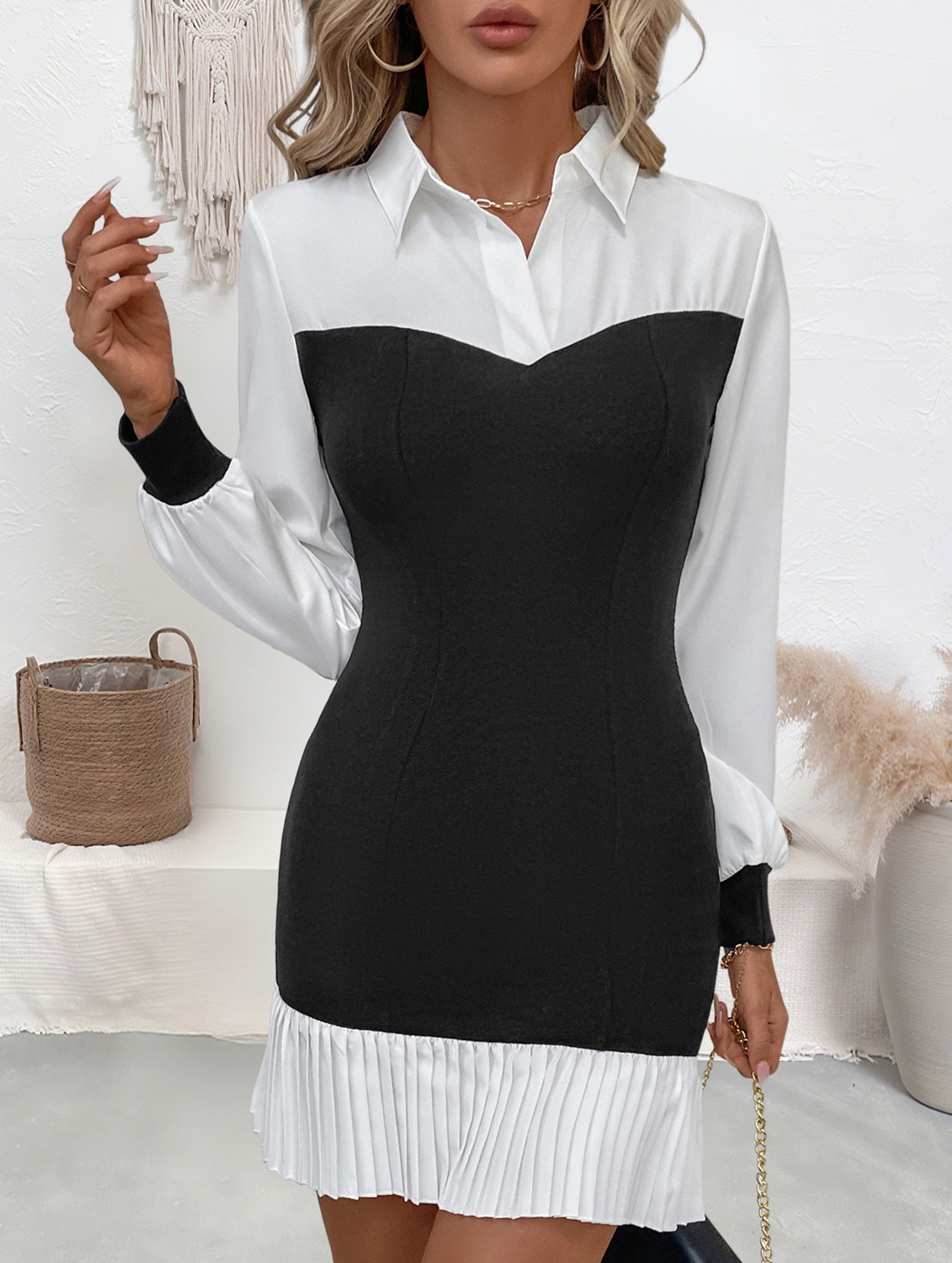 Color Block Office Bodycon Fake Two Dress_CWDSD11476