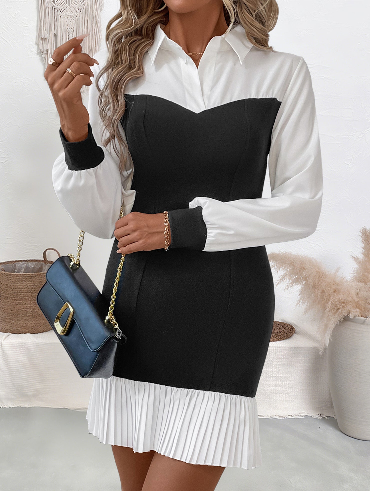 Color Block Office Bodycon Fake Two Dress_CWDSD11476