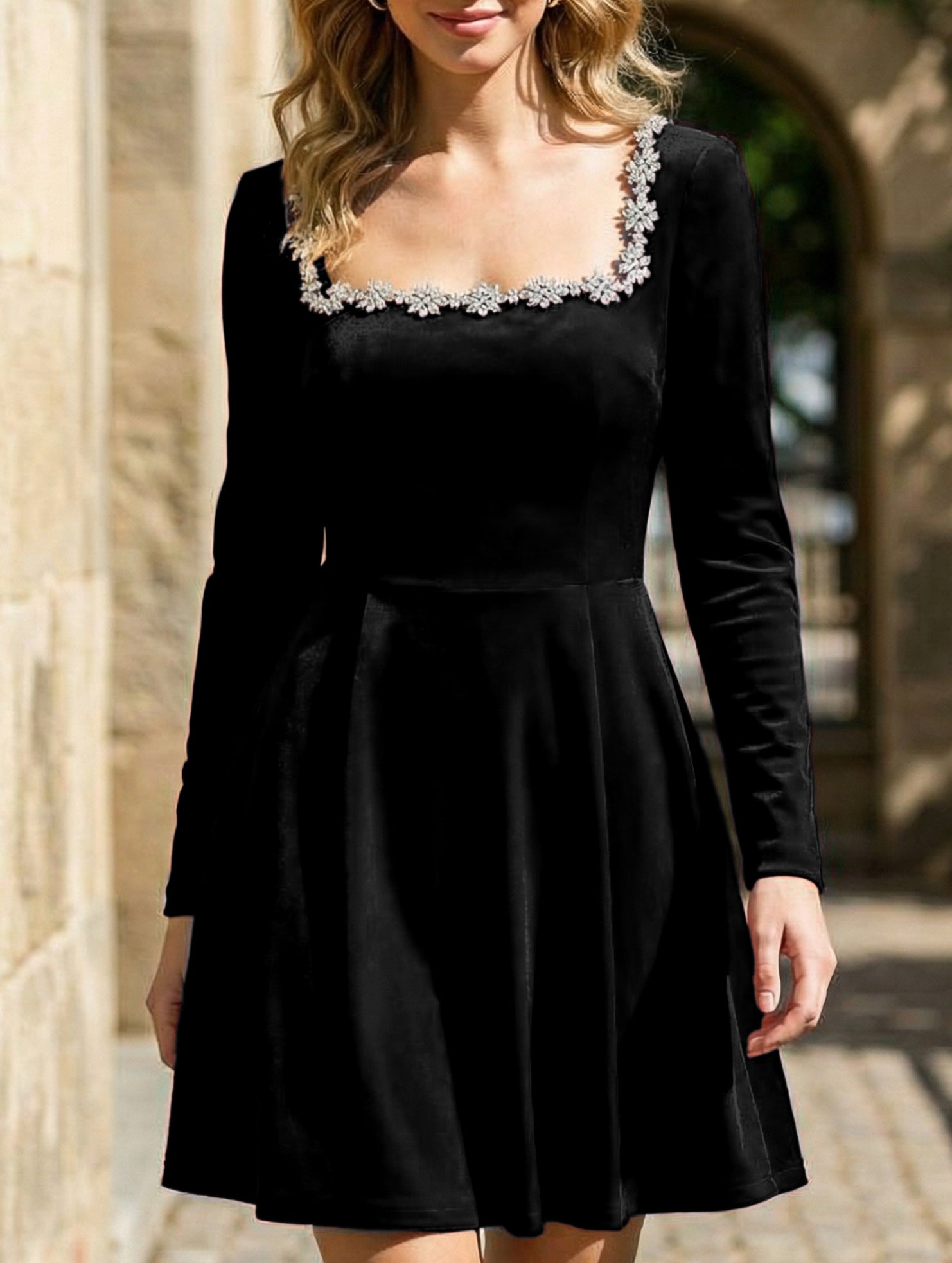 Stylish velvet square neck elegant dress for women_CWDSD11502