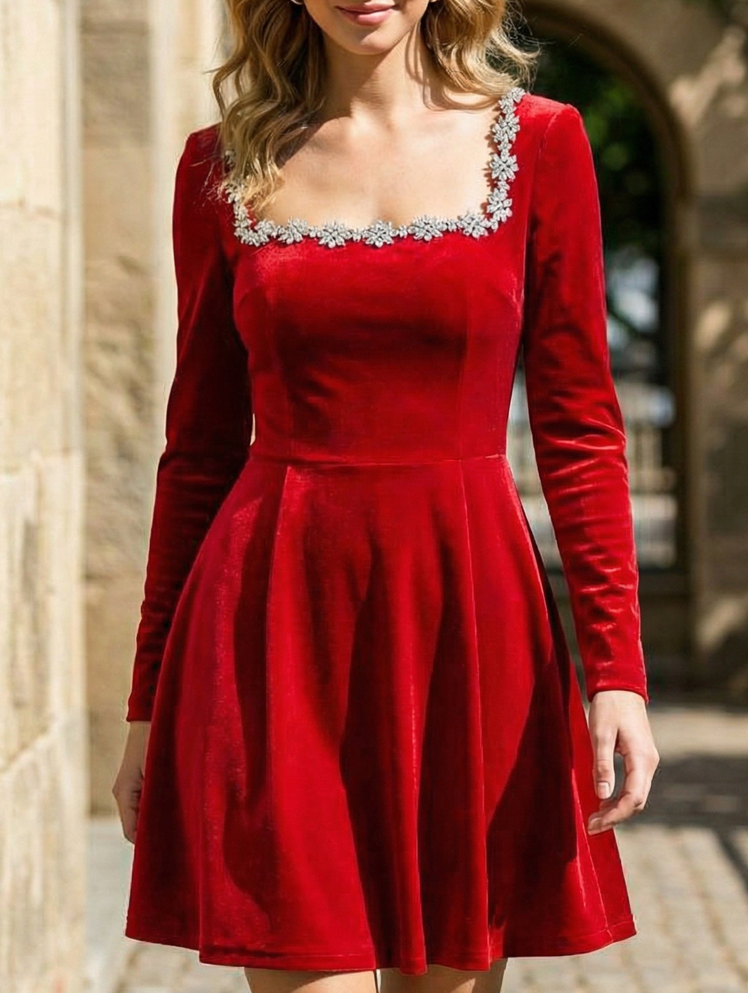 Stylish velvet square neck elegant dress for women_CWDSD11502