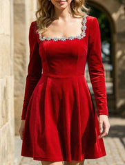 Stylish velvet square neck elegant dress for women_CWDSD11502