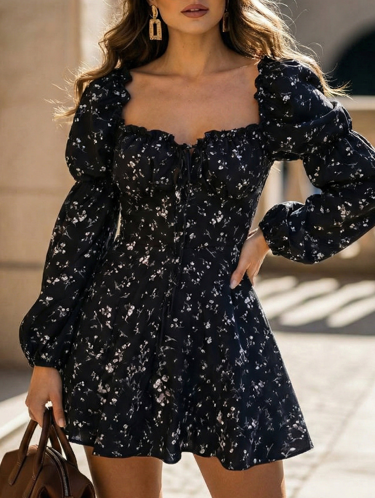 Elegant floral print fitted waist dress for women_CWDSD11503