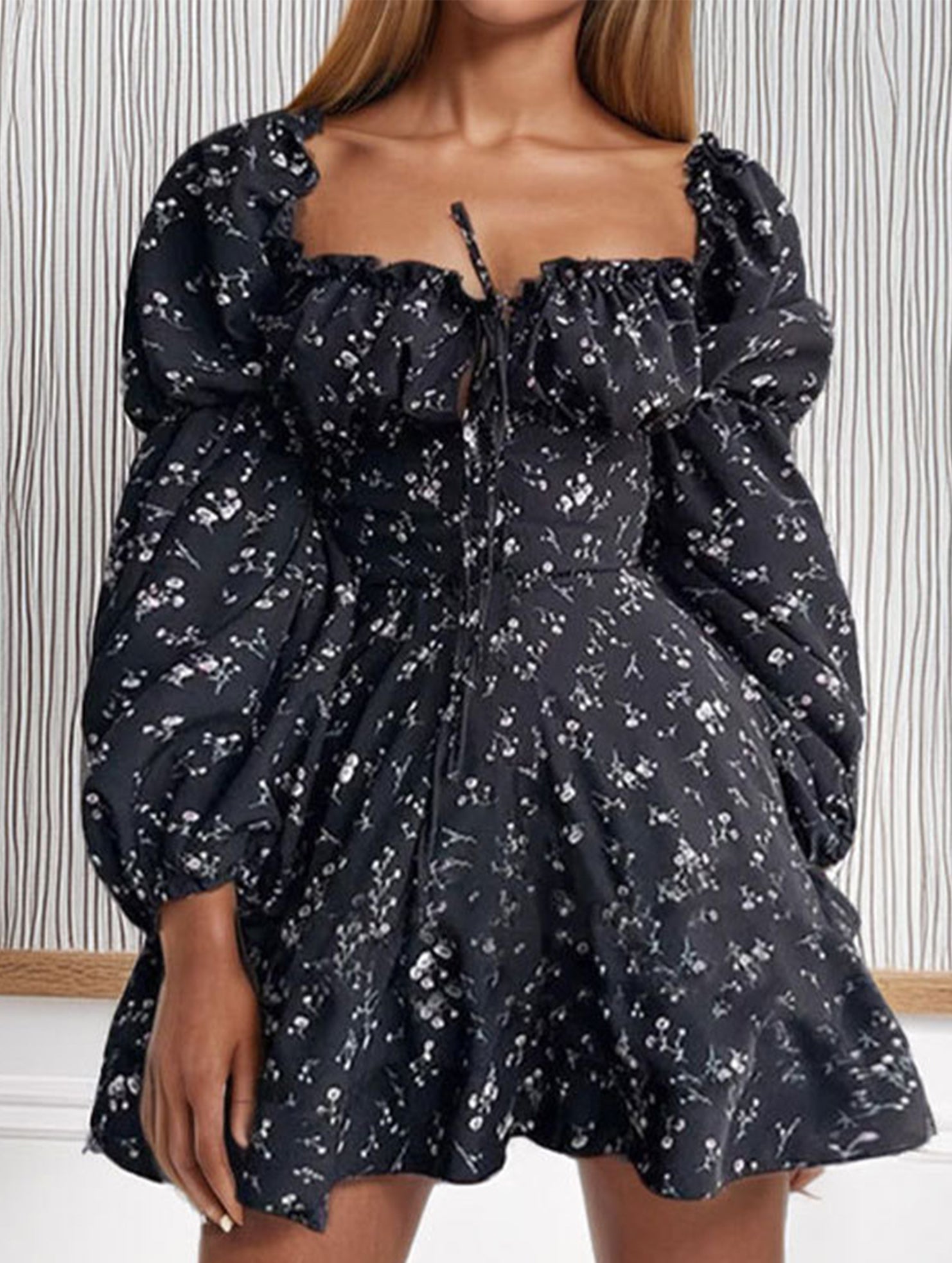 Elegant floral print fitted waist dress for women_CWDSD11503