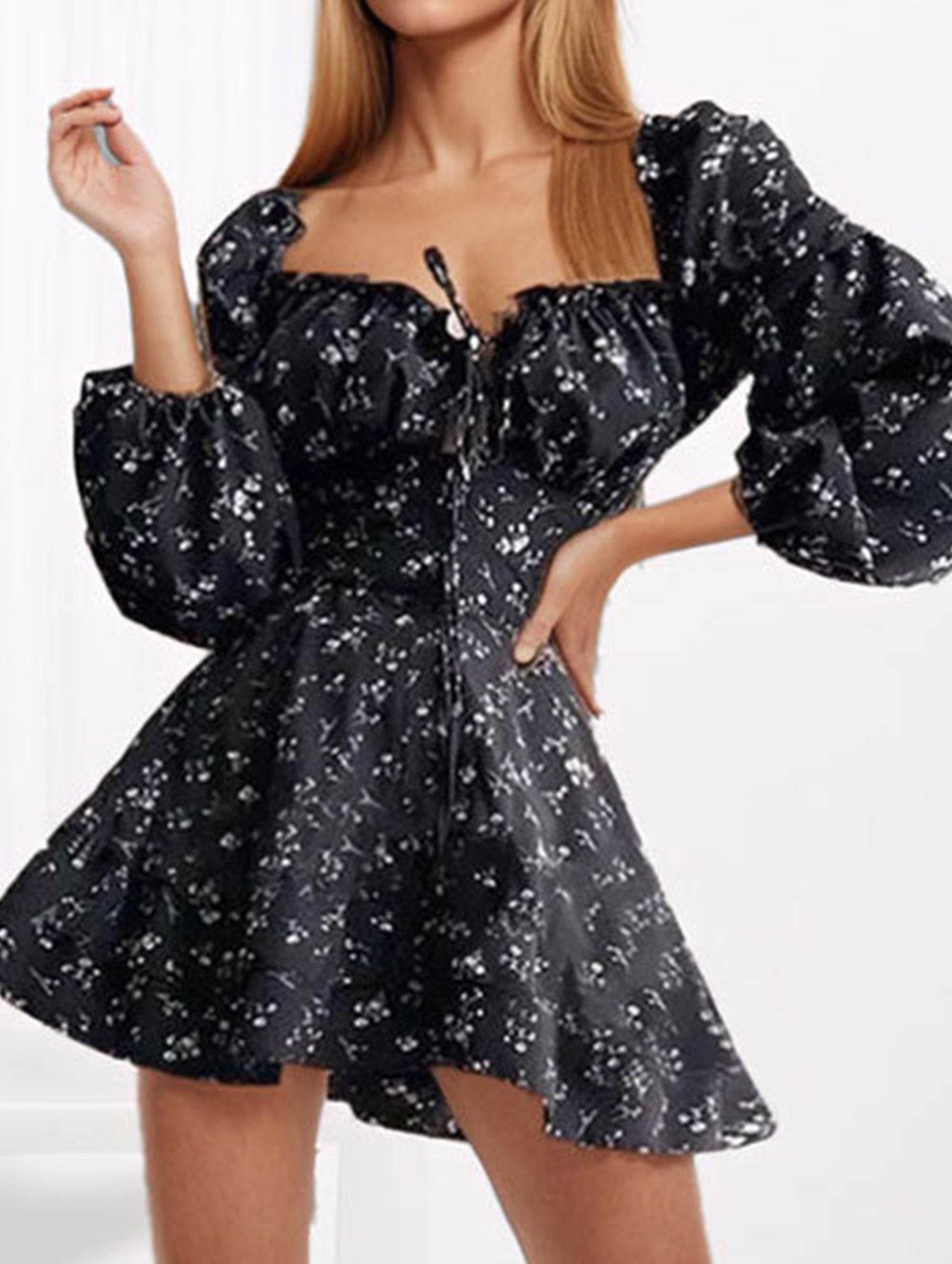 Elegant floral print fitted waist dress for women_CWDSD11503