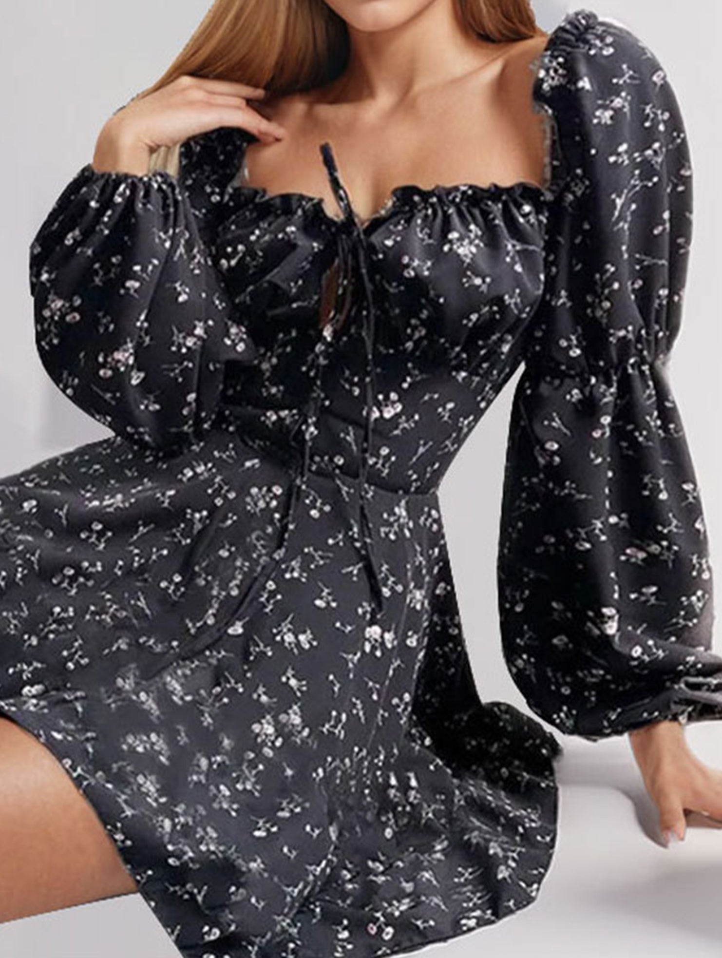 Elegant floral print fitted waist dress for women_CWDSD11503