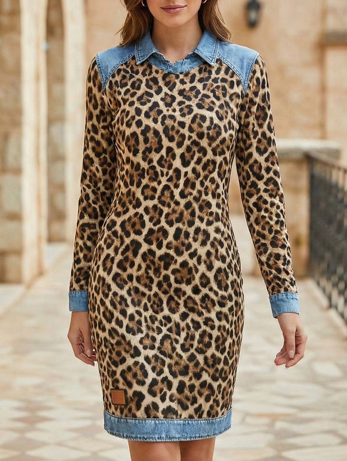 Leopard Print Denim Patchwork A Line Dress_CWDSD11512