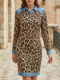 Leopard Print Denim Patchwork A Line Dress_CWDSD11512