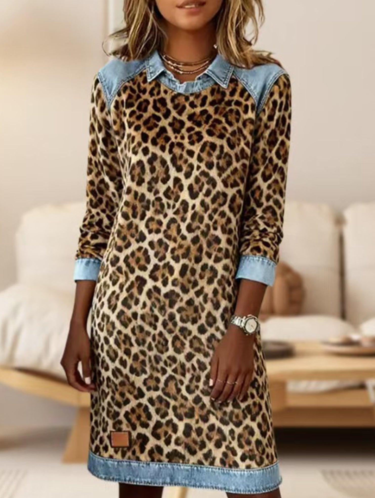 Leopard Print Denim Patchwork A Line Dress_CWDSD11512