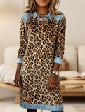 Leopard Print Denim Patchwork A Line Dress_CWDSD11512