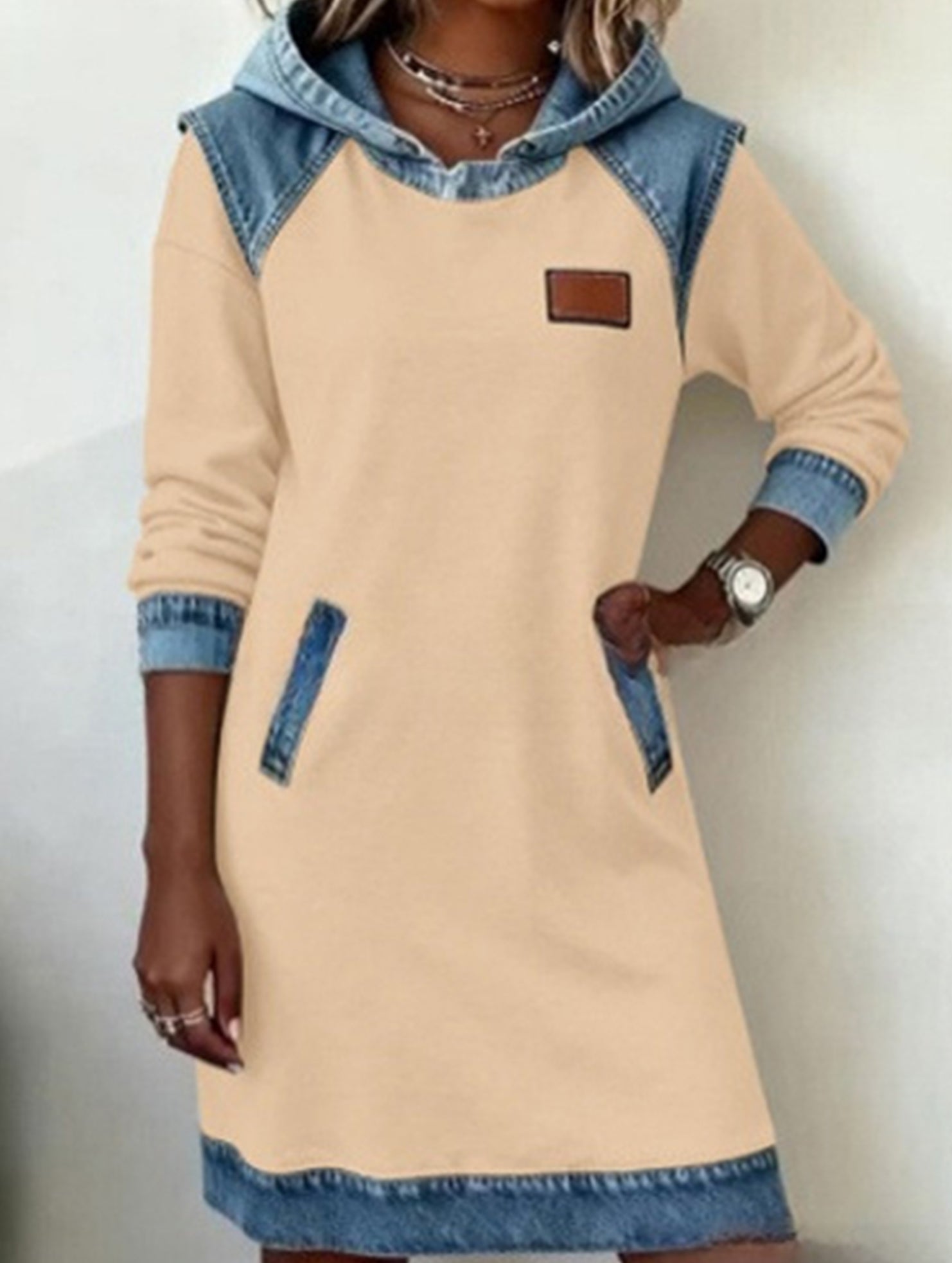 Hooded Patchwork Washed Denim A Line Dress_CWDSD11514