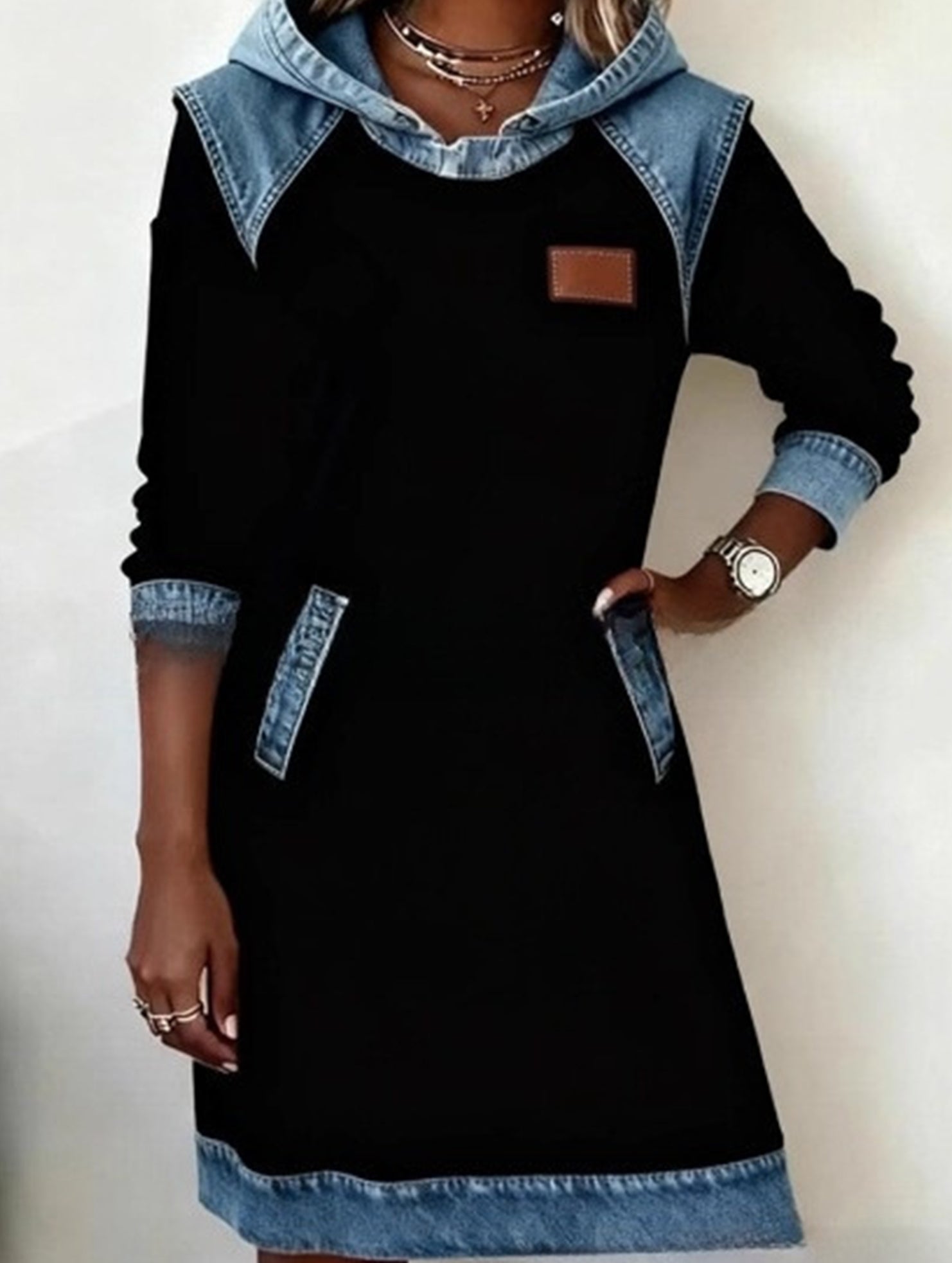 Hooded Patchwork Washed Denim A Line Dress_CWDSD11514