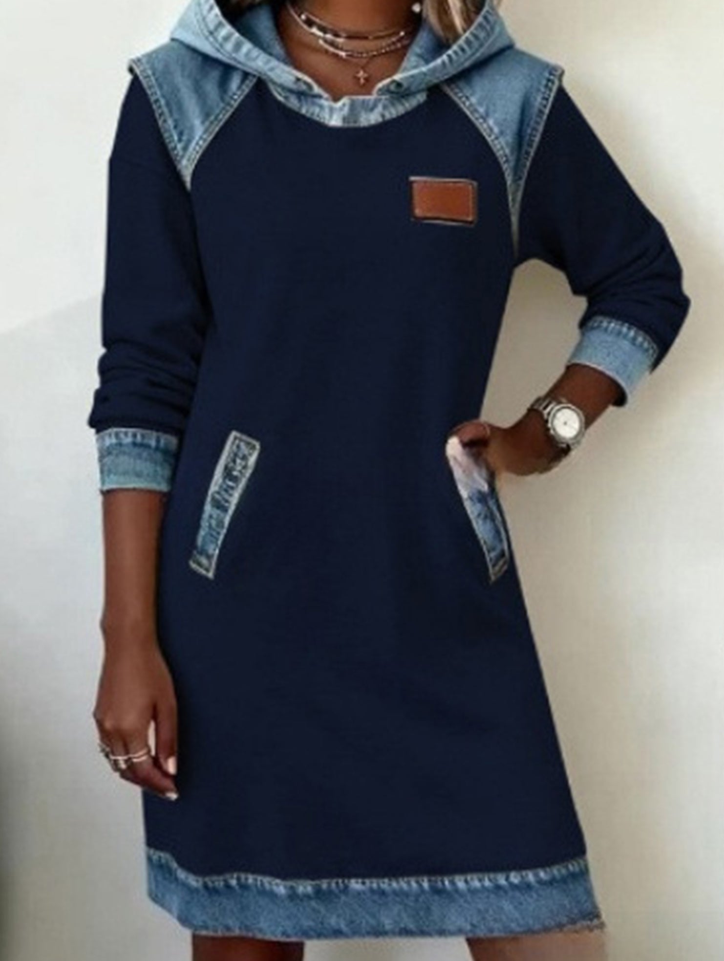 Hooded Patchwork Washed Denim A Line Dress_CWDSD11514