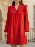Ruffle V Neck Long Sleeve Knee Dress_CWDSD11534