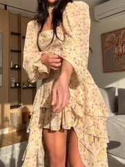 Floral V Neck Long Sleeve Pleated Dress_CWDSD11543