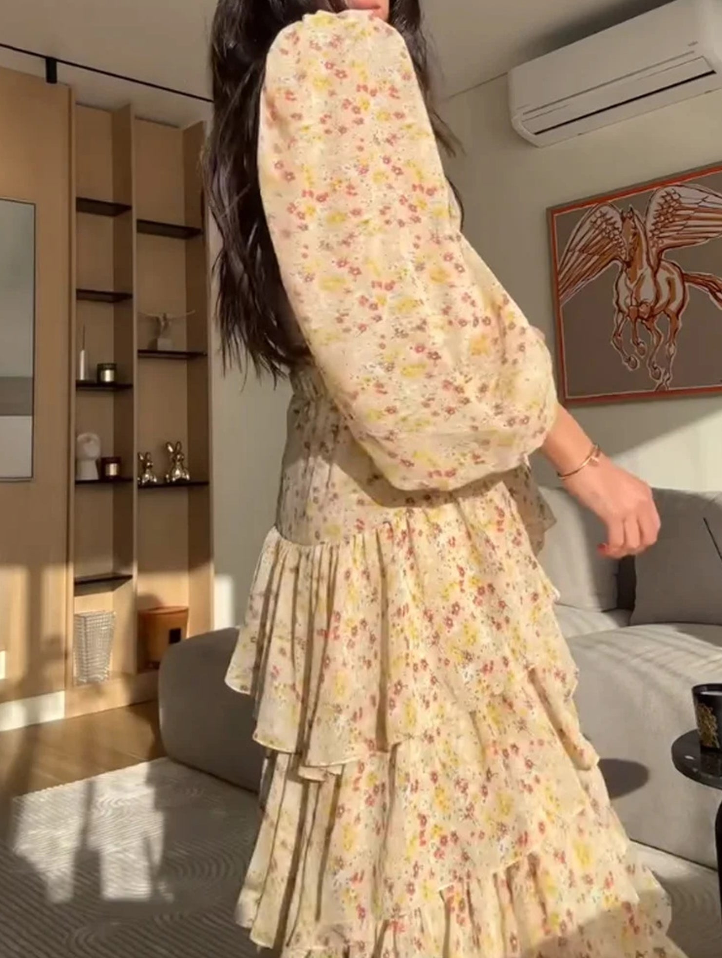 Floral V Neck Long Sleeve Pleated Dress_CWDSD11543